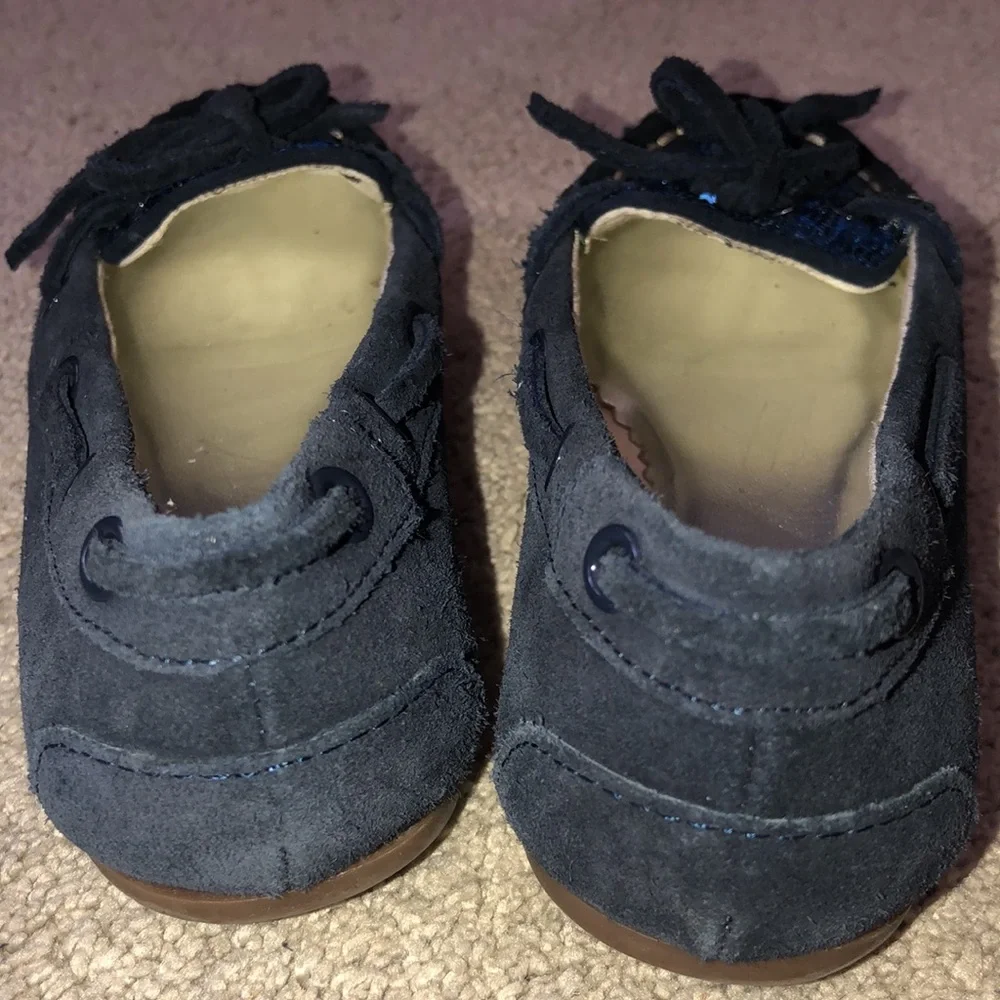 Lands End Holiday Girls toddlers size 11 Sequins Suede Loafers Navy‎ Blue